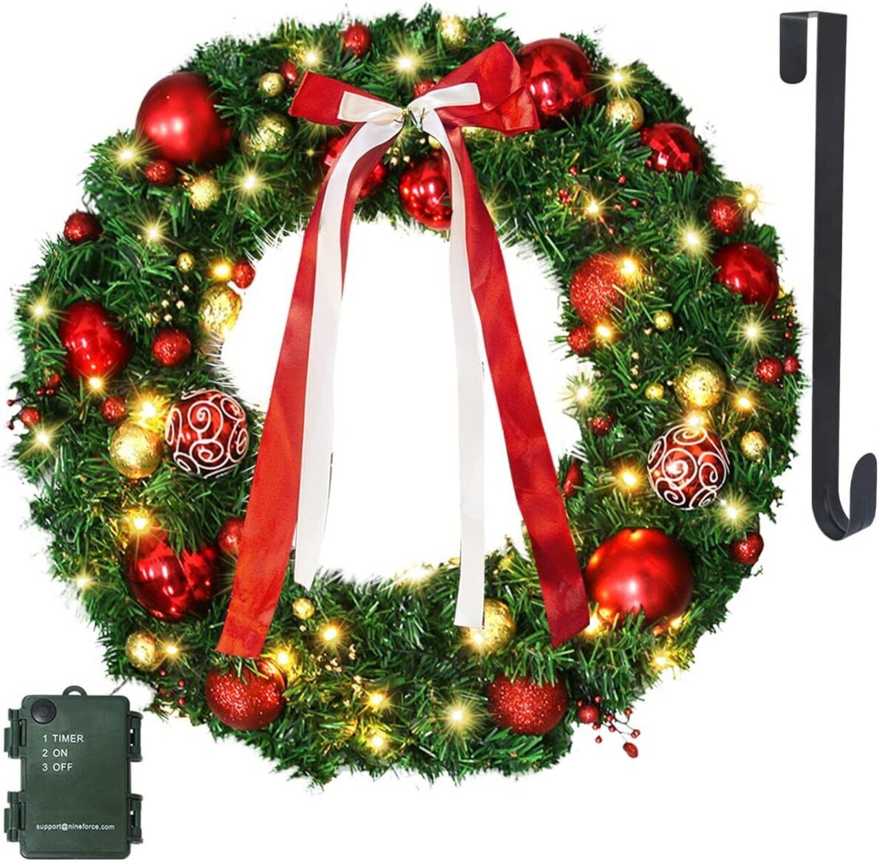 24in Large Pre Lit Outdoor Christmas Wreath with LED Lights